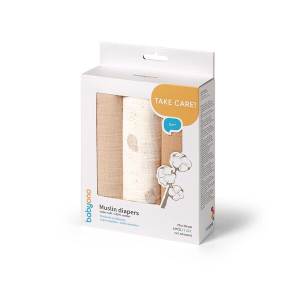 BabyOno crinkled muslin diapers 70x70cm, Beige 3pcs  - BabyOno