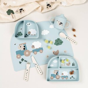 Done by Deer Stick&Stay compartment plate Tiny farm Blue - Done by Deer